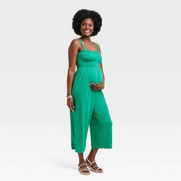 Isabel Maternity by Ingrid & Isabel Dark Green Smocked Jumpsuit - Picture 1 of 7